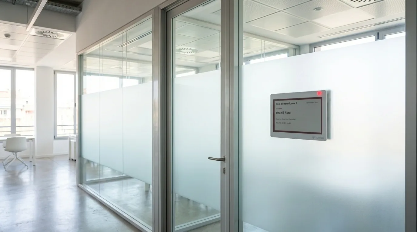 Pantalla qSpaces instalada junto a la entrada de una sala de reuniones