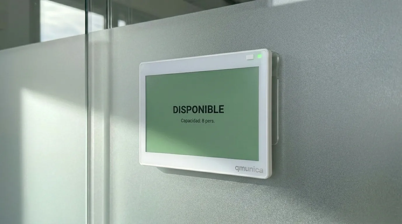 Pantalla qSpaces instalada en la puerta de una sala